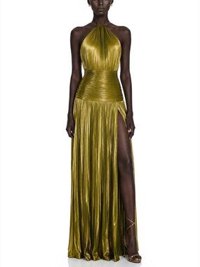 Miss Rosier Alchimie Gold Glossy Pleated Maxi Dress